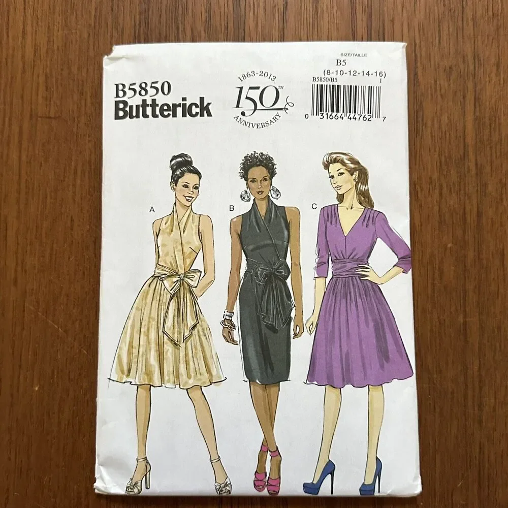 UNCUT Butterick Sew Pattern 5850 Misses Mock Wrap Dress Lined Bodice 8-16